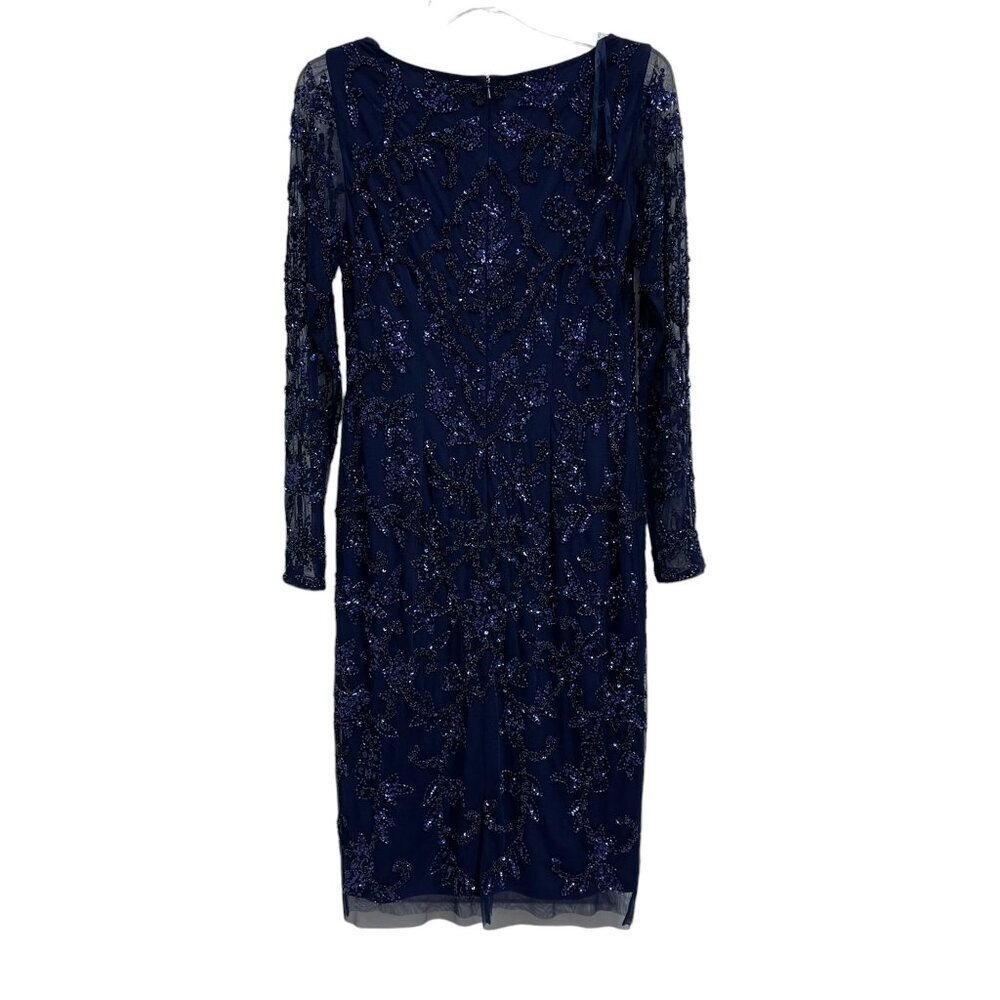 Adrianna Papell Navy Beaded Sequin Midi Dress Long Sleeve Size 4 - Picture 2 of 16